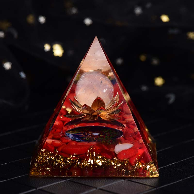 Olivenorma Corallo rosso Quarzo rosa Simbolo del loto Piramide di orgone