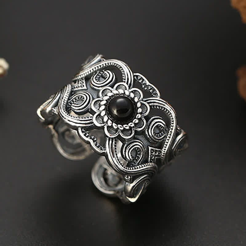 Anello regolabile con motivo etnico in onice nero Olivenorma