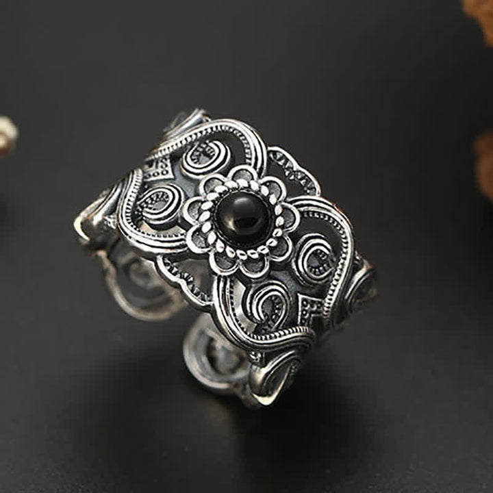 Anello regolabile con motivo etnico in onice nero Olivenorma