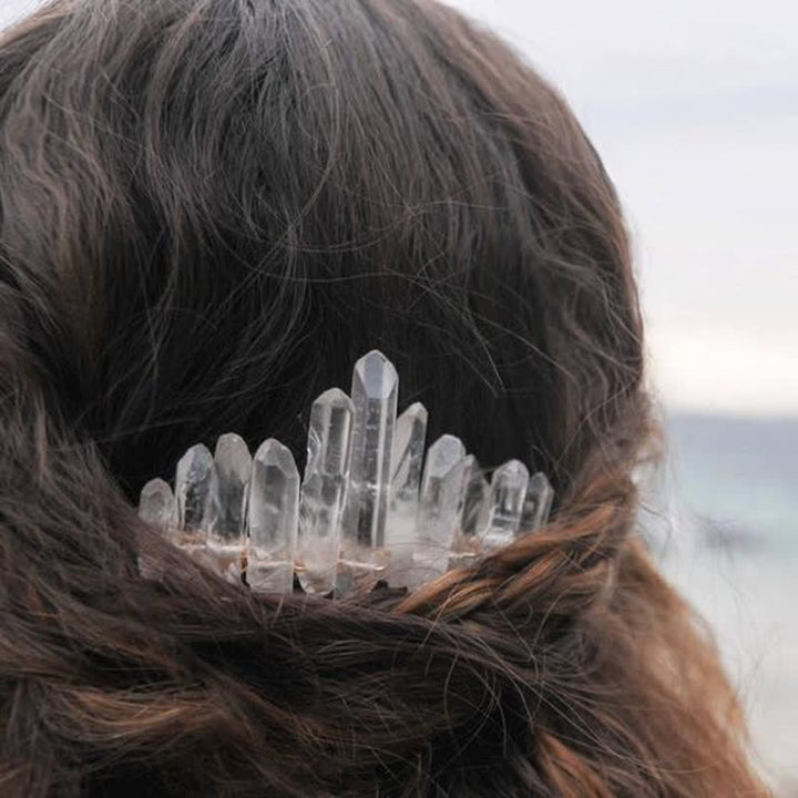 Pettine per capelli a forma di U in cristallo naturale con corona di cristallo
