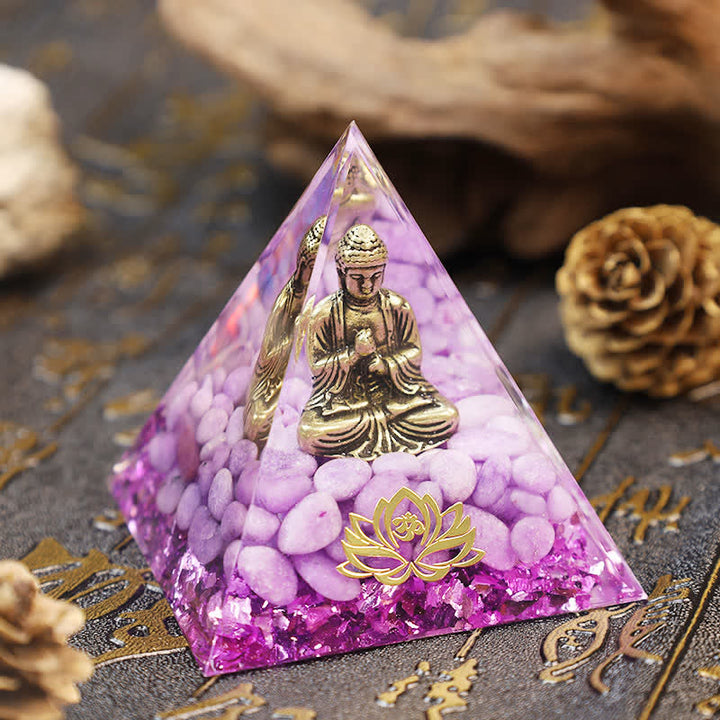 Olivenorma Buddha Lotus con piramide di giada viola Orgone