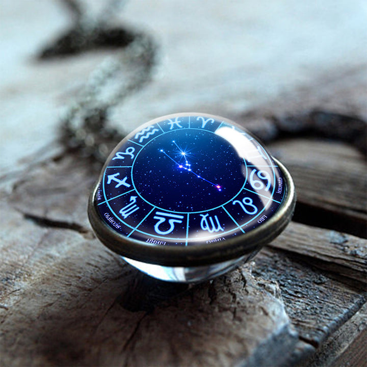 Olivenorma Collana con globo in vetro bifacciale con 12 stelle dello zodiaco