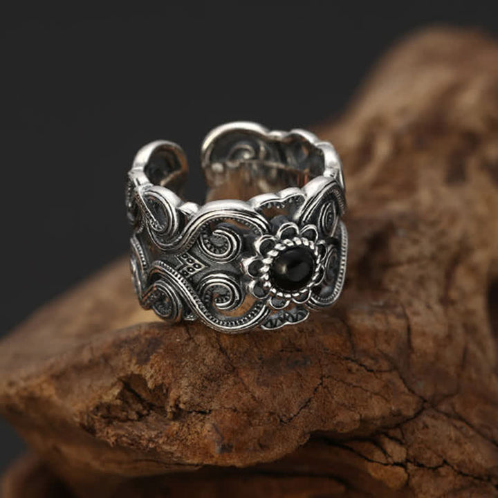 Anello regolabile con motivo etnico in onice nero Olivenorma