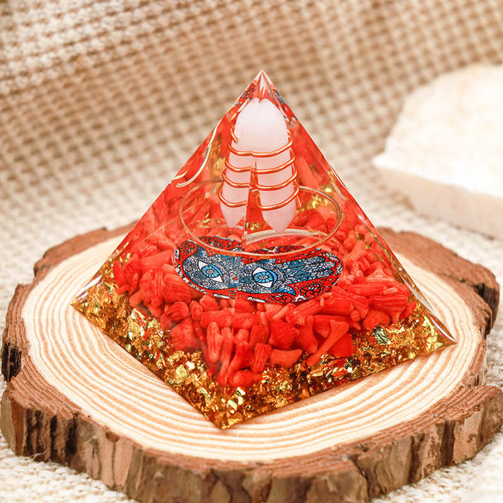 Olivenorma Opale con Corallo Rosso Hamsa Orgone Piramide 