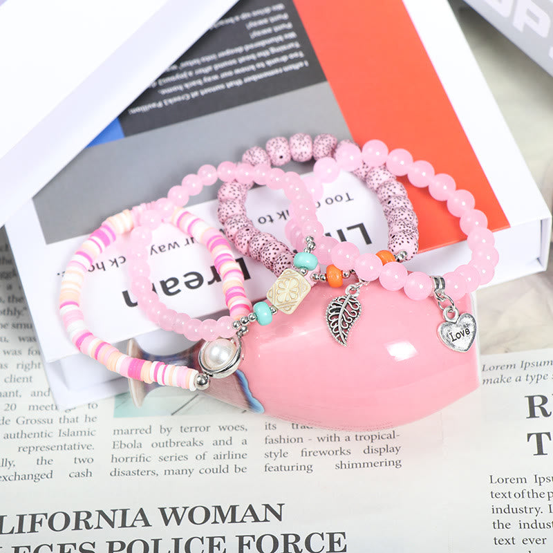 Set di braccialetti di perle con ciondolo a forma di cuore e foglia Olivenorma