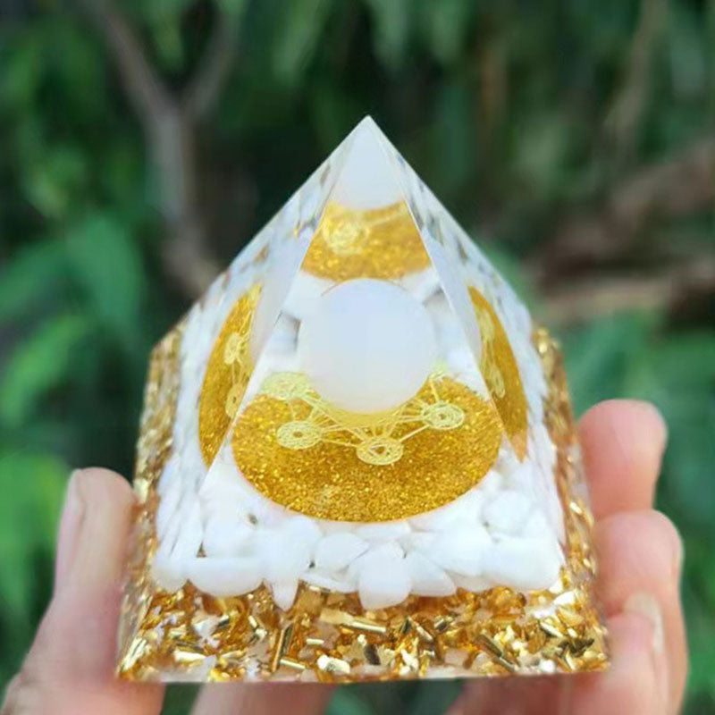 Olivenorma Agata bianca Quarzo ialino Cubo di Metatron Simbolo Piramide di Orgone