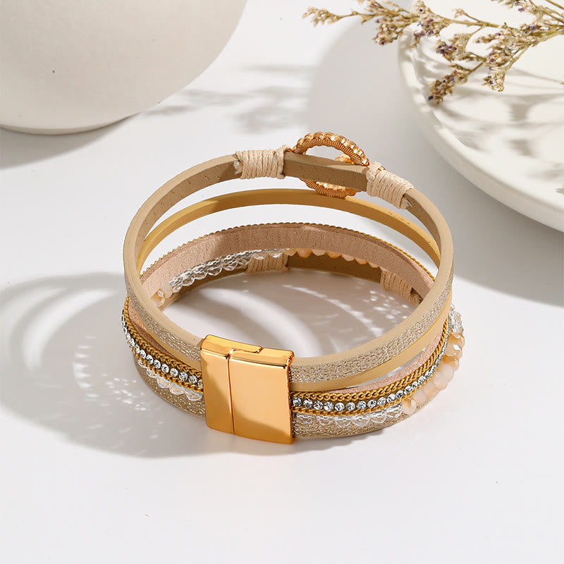 Olivenorma Braccialetto largo in pelle di metallo con zircone bianco Boho Evil Eye