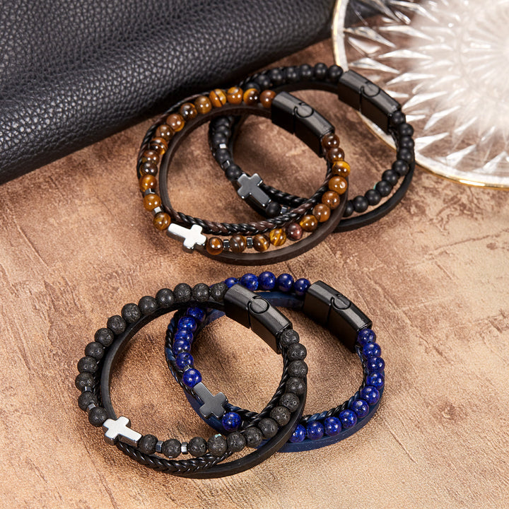 Bracciale da uomo in pelle intrecciata con perline di pietra naturale Olivenorma