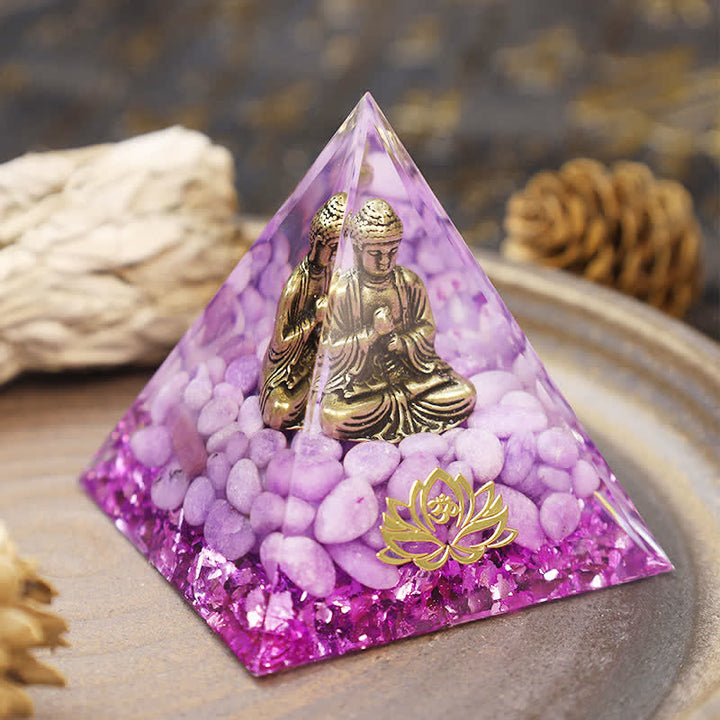 Olivenorma Buddha Lotus con piramide di giada viola Orgone