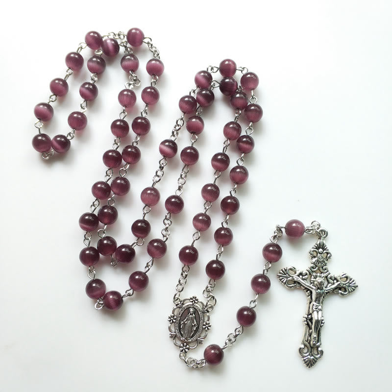 Collana rosario Olivenorma con croce in argento e pietra occhio di gatto viola