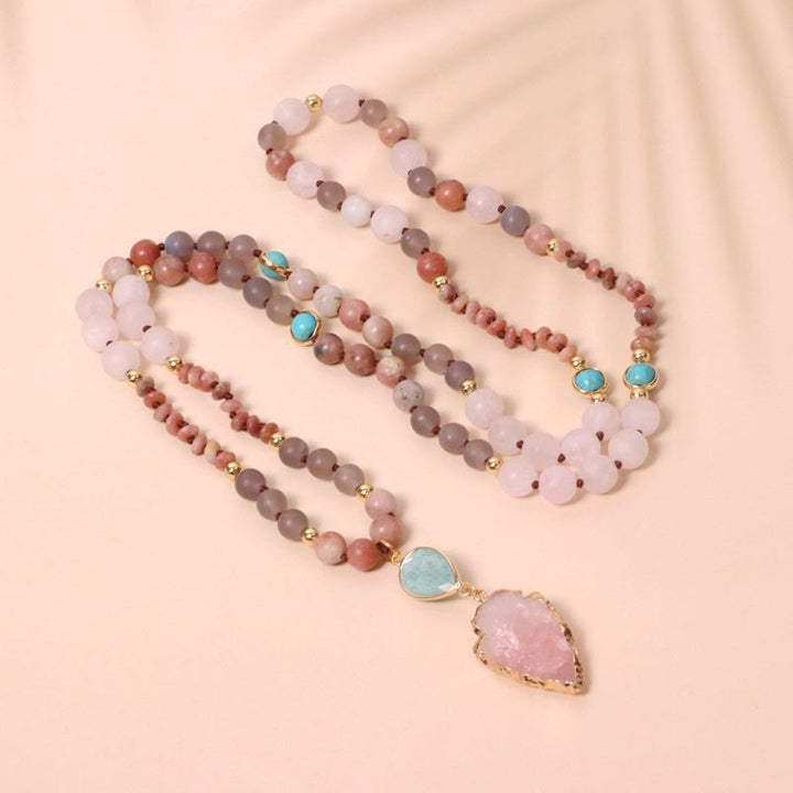 Collana con ciondolo a forma di freccia di preghiera Mala in quarzo rosa naturale 