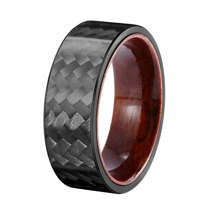 Olivenorma 8mm Anello in legno di barile di whisky in fibra di carbonio twill nero