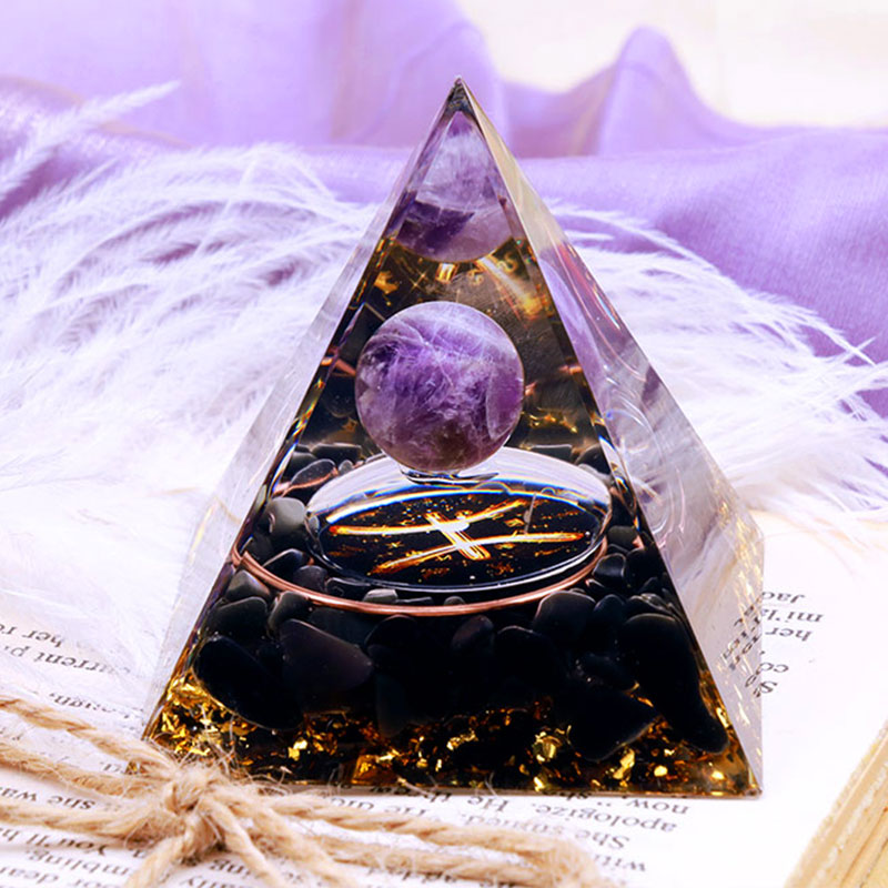 Sfera di ametista Olivenorma con piramide di orgone in ossidiana Zodiaco Pesci 