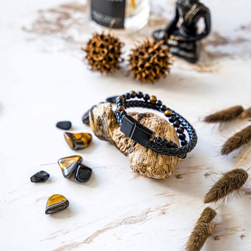 Bracciale in pelle intrecciata con occhio di tigre da uomo