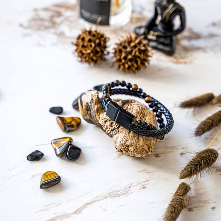 Bracciale in pelle intrecciata con occhio di tigre da uomo