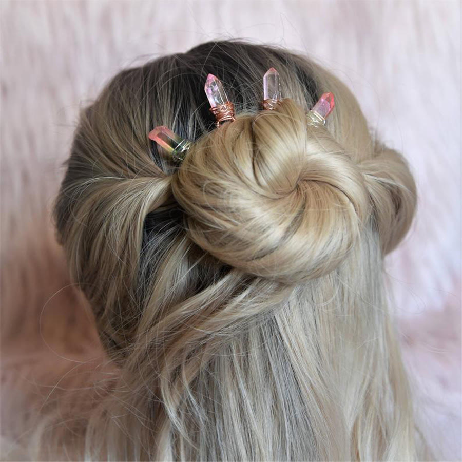 Olivenorma Forcina per capelli in cristallo fatta a mano - Quarzo titanio blu rosa - image 4