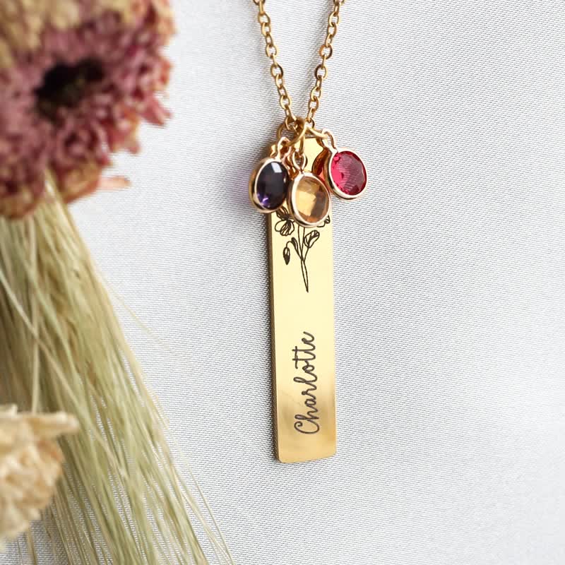 Olivenorma Collana personalizzata con fiore di nascita e pietra portafortuna con nome