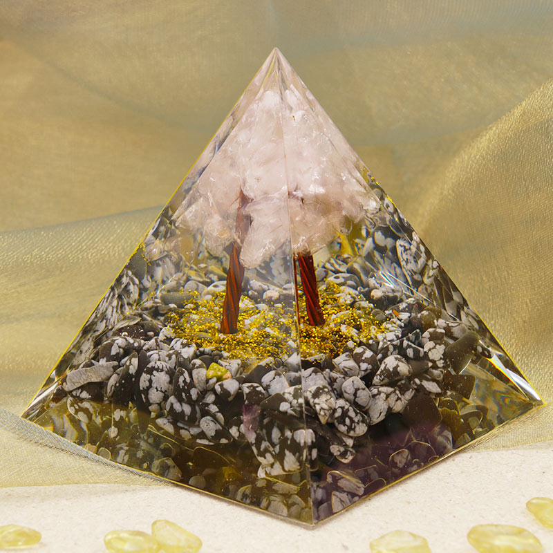 Piramide di orgone in quarzo rosa Olivenorma con ossidiana fiocco di neve 