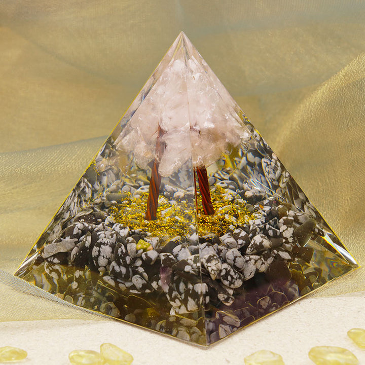 Piramide di orgone in quarzo rosa Olivenorma con ossidiana fiocco di neve 