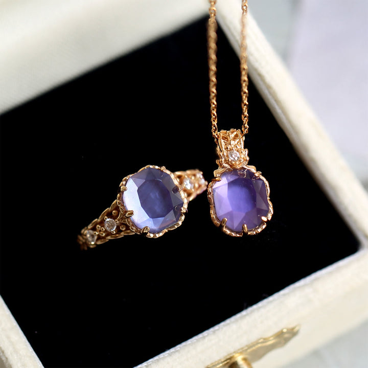 Collana con anello in pietra quadrata di ametista naturale Olivenorma 