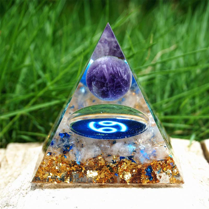 Ametista Olivenorma con Quarzo Ialino Cancro Zodiac Orgone Pyramid 