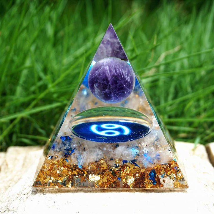 Ametista Olivenorma con Quarzo Ialino Cancro Zodiac Orgone Pyramid 