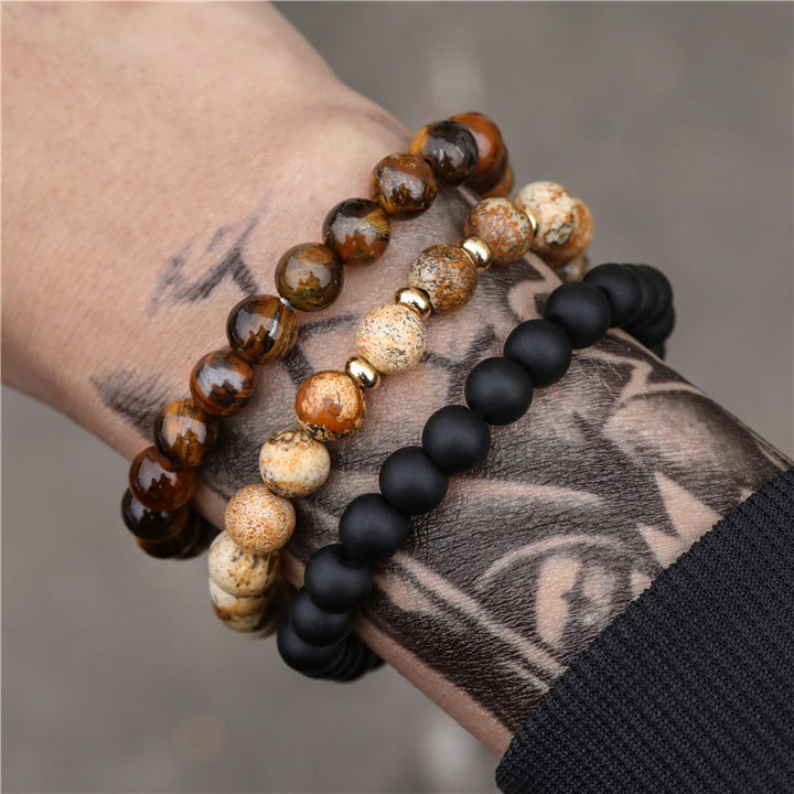 Olivenorma 3 pezzi Picture Jasper Tiger Eye Braccialetti di perline di onice nero