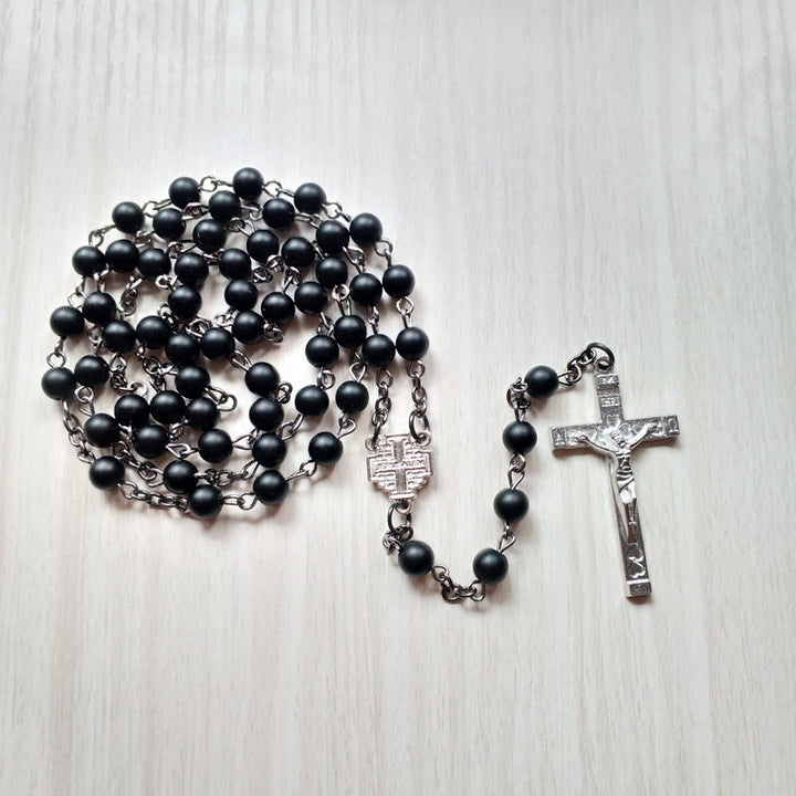 Collana rosario con croce in onice nero spazzolato Olivenorma