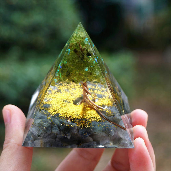 Olivenorma Albero della Vita Peridoto Con Pietra di Luna Grigia Piramide Orgonica