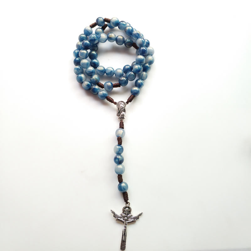 Collana rosario con croce di Gesù in pietra occhio di gatto blu Olivenorma