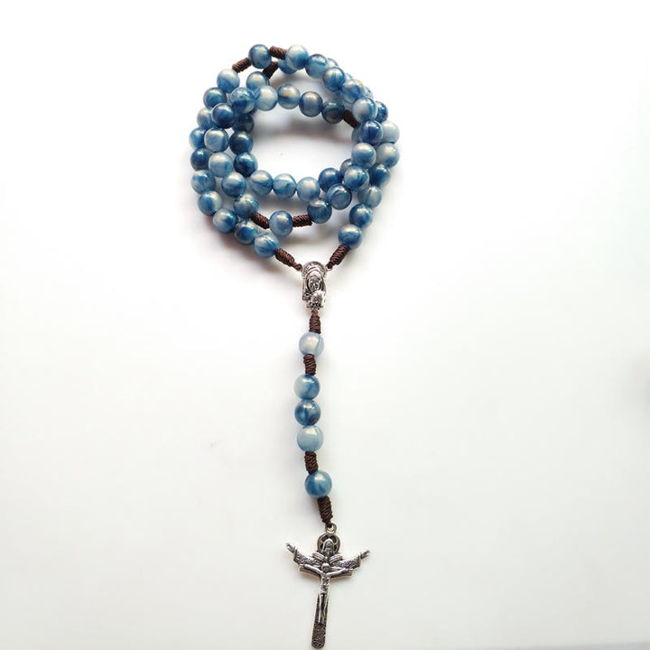 Collana rosario con croce di Gesù in pietra occhio di gatto blu Olivenorma