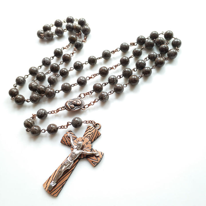 Collana rosario con croce di Gesù in ossidiana fiocco di neve Olivenorma