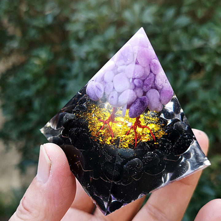 Olivenorma Piramide di Orgone con Albero della Vita in Ossidiana e Giada Viola 