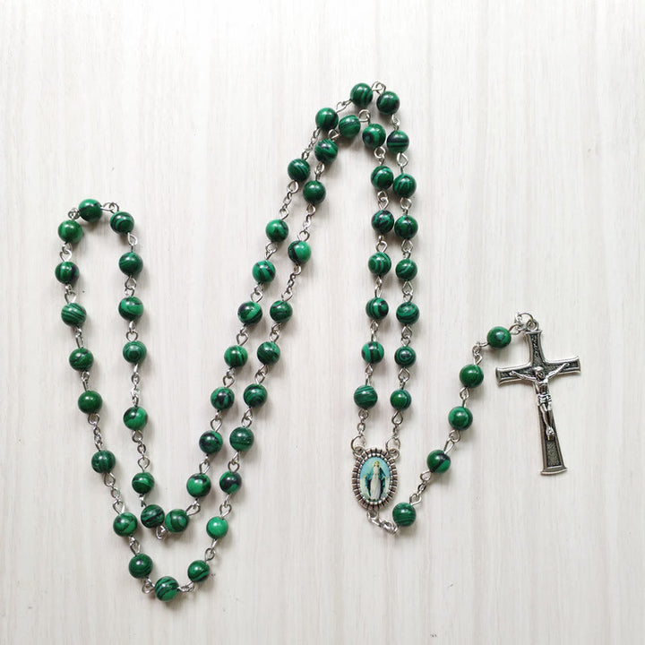 Collana con ciondolo a croce rosario in malachite Olivenorma da 6 cm 