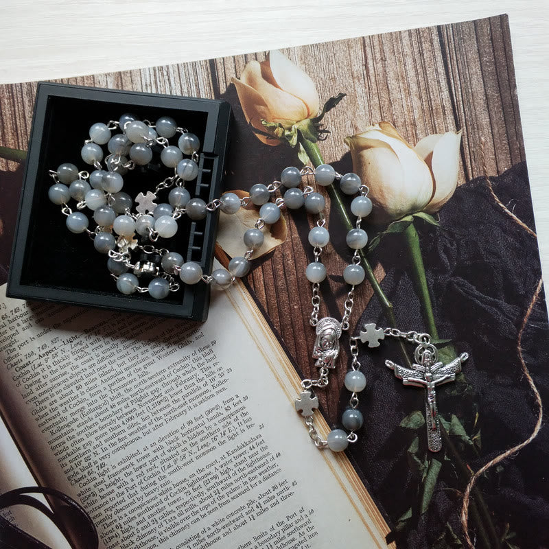 Collana rosario con croce di Gesù in argento e pietra di luna grigia Olivenorma 