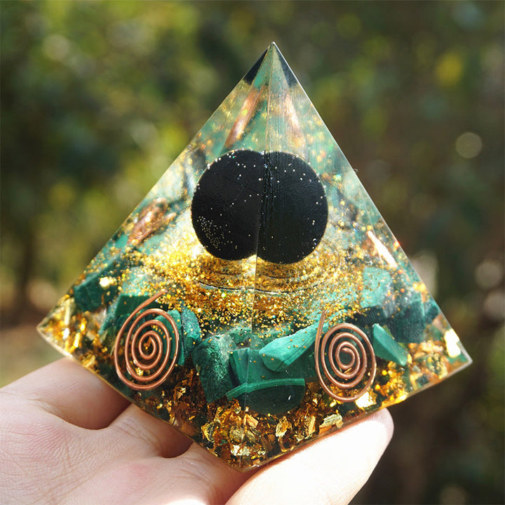 Malachite Olivenorma con sfera di ossidiana Piramide Orgonica