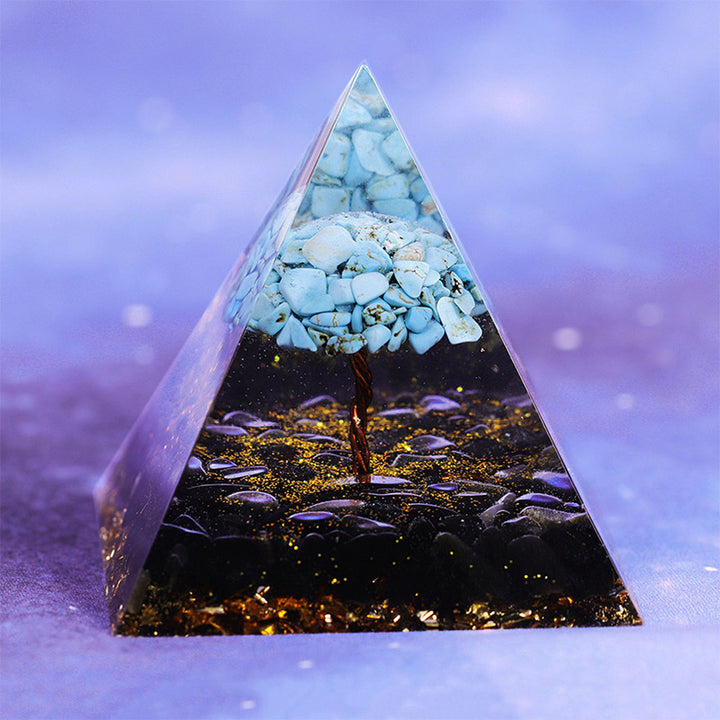 Piramide di ossidiana Olivenorma con orgone portafortuna turchese 