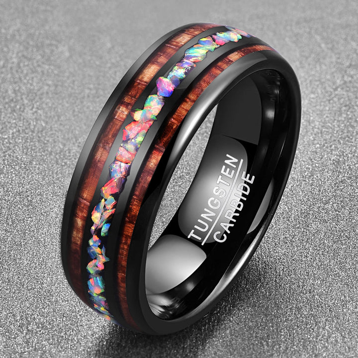 Anello Olivenorma Labradorite Koa Wood 8mm Carburo di Tungsteno Nero