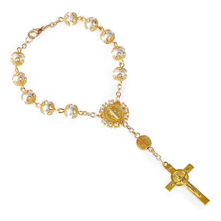 Olivenorma Cristianesimo Pizzo Vetro Rosa Croce Roseario Bracciale 