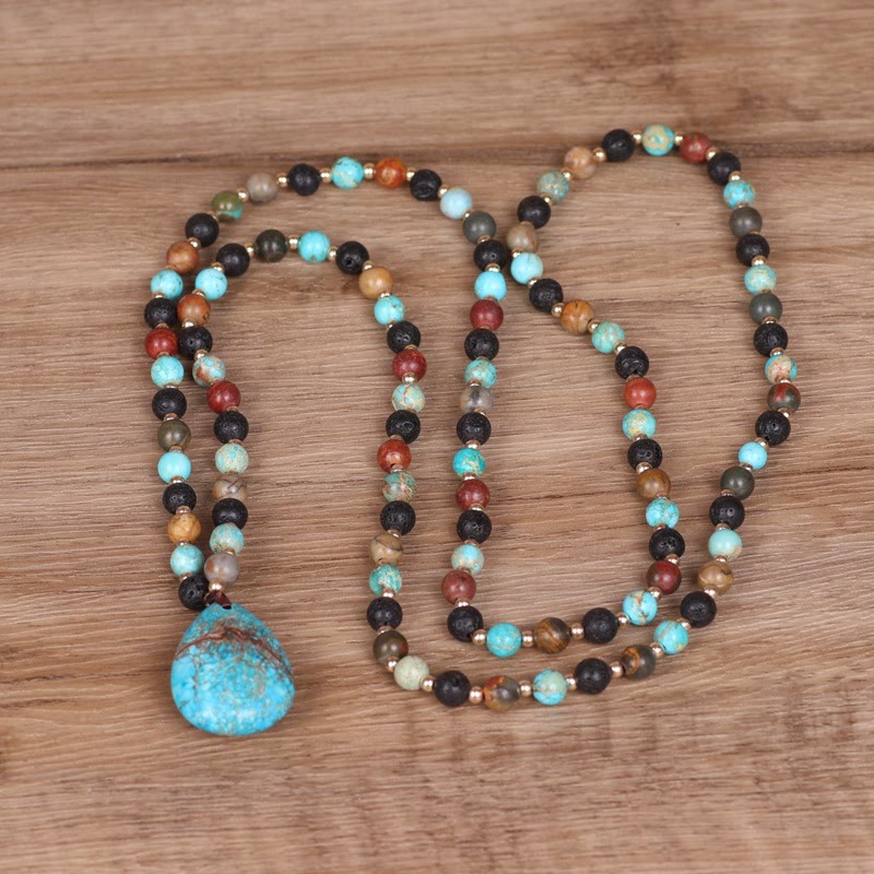 Collana di perline Mala con ciondolo a forma di goccia turchese Olivenorma