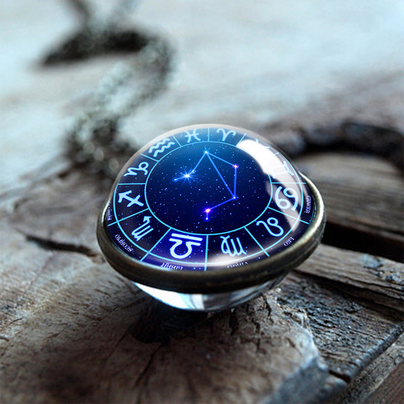 Olivenorma Collana con globo in vetro bifacciale con 12 stelle dello zodiaco