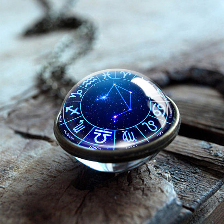 Olivenorma Collana con globo in vetro bifacciale con 12 stelle dello zodiaco