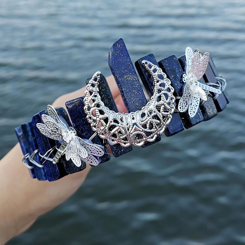 Olivenorma - Corona da sposa con accessorio a forma di luna e libellula in cristallo naturale 