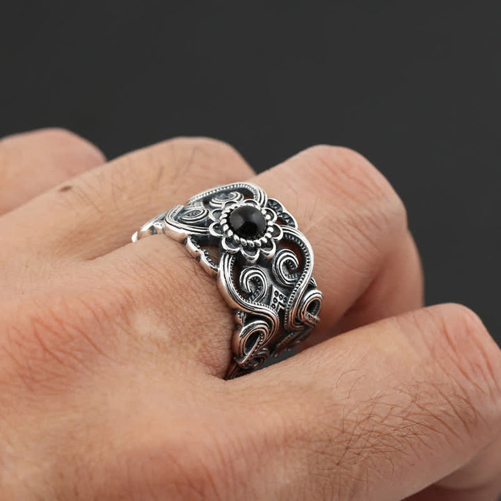 Anello regolabile con motivo etnico in onice nero Olivenorma