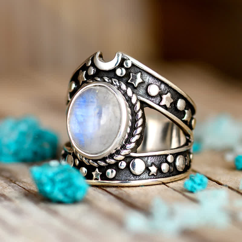 Anello Olivenorma Bohemia Retro Moonstone Moon Star
