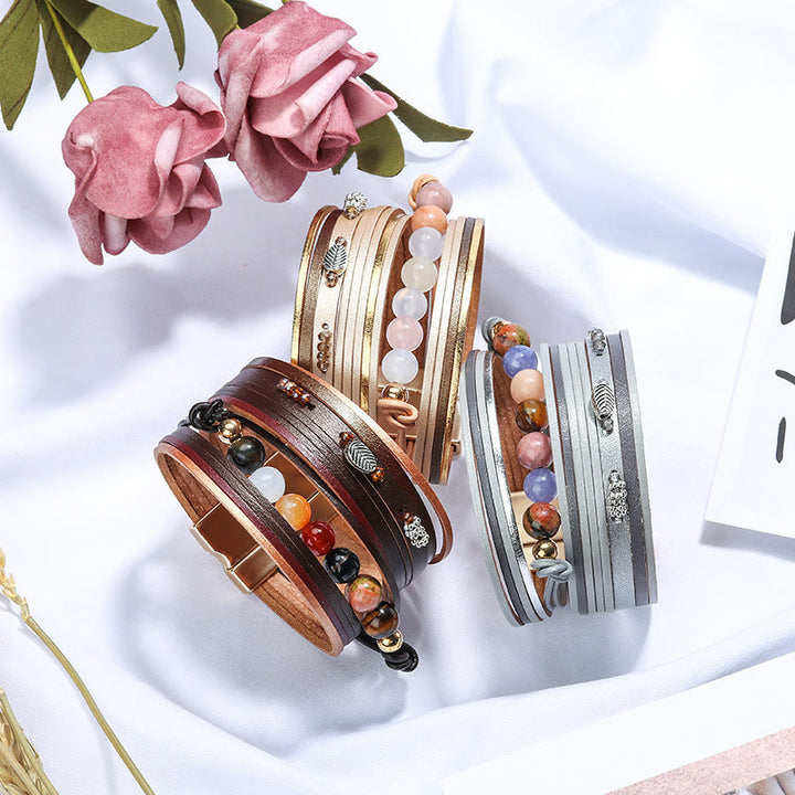 Bracciale multistrato in pelle con perline di cristallo naturale Olivenorma 