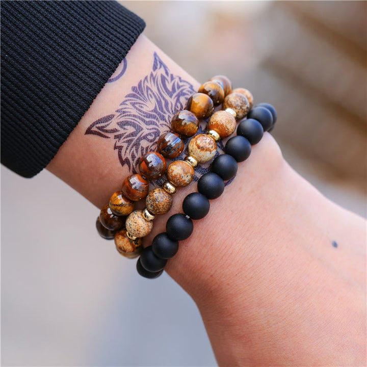 Olivenorma 3 pezzi Picture Jasper Tiger Eye Braccialetti di perline di onice nero