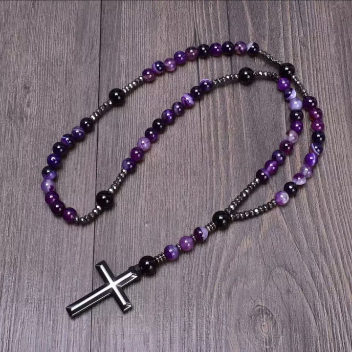 Collana con ciondolo rosario in pietra naturale cattolica Olivenorma Cross