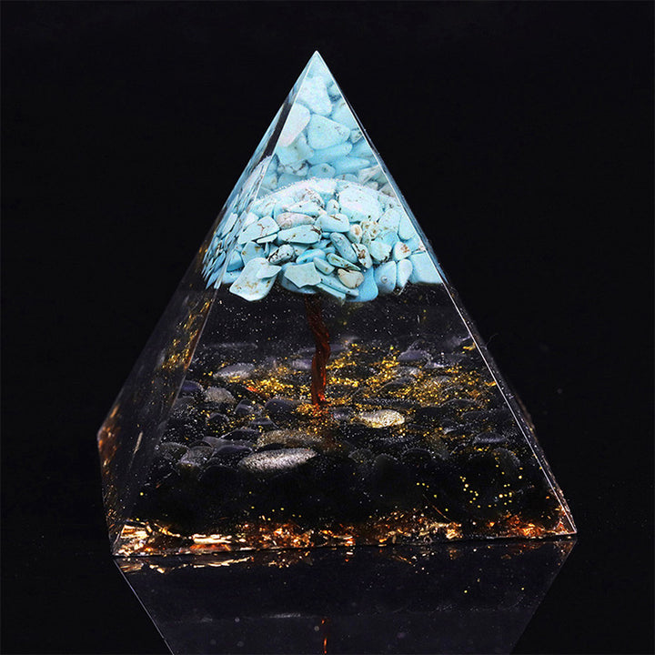 Piramide di ossidiana Olivenorma con orgone portafortuna turchese 
