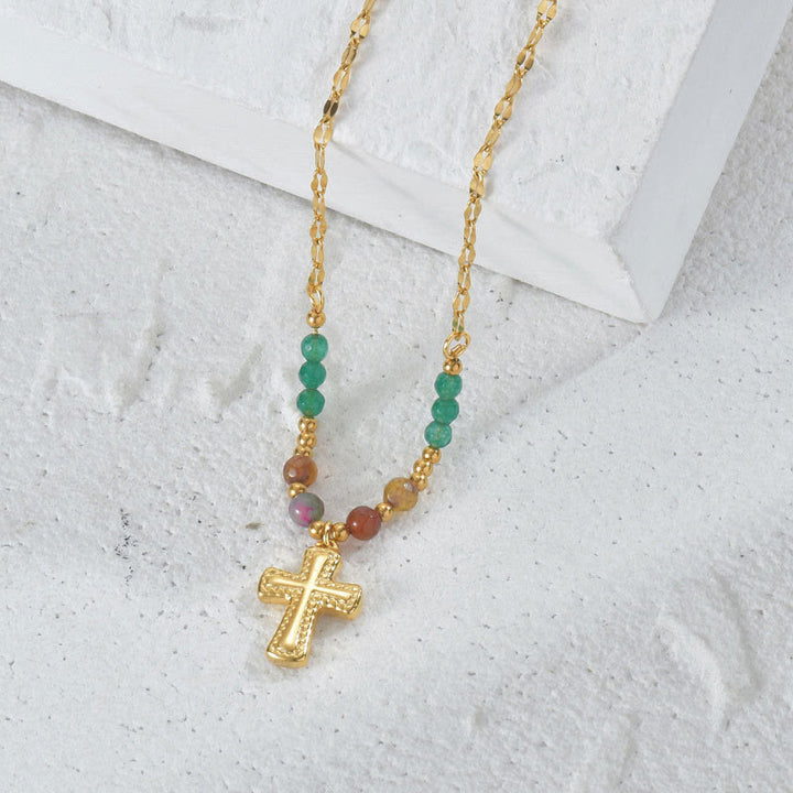 Collana con croce in acciaio inossidabile e perlina di cristallo Olivenorma 